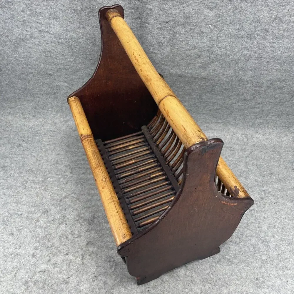 VTG Mid Century Modern Burnt Rattan Tortoise Tiger Bamboo Magazine Rack Basket